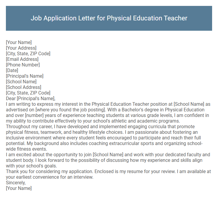Job Application Letter for Physical Education Teacher
