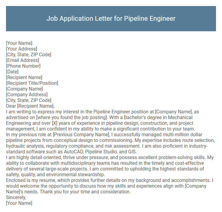 Job Application Letter for Pipeline Engineer