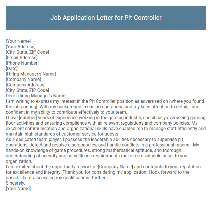 Job Application Letter for Pit Controller