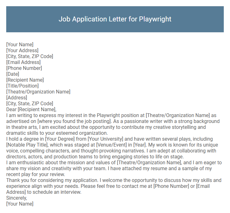 Job Application Letter for Playwright