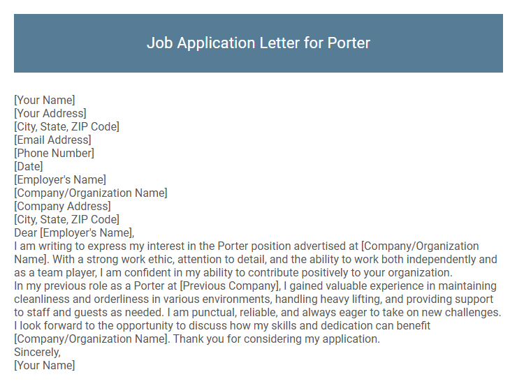 Job Application Letter for Porter