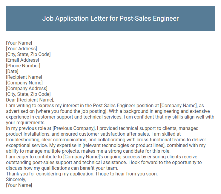 Job Application Letter for Post-Sales Engineer