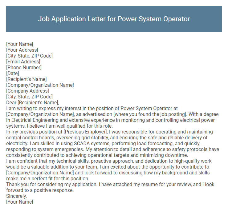 Job Application Letter for Power System Operator