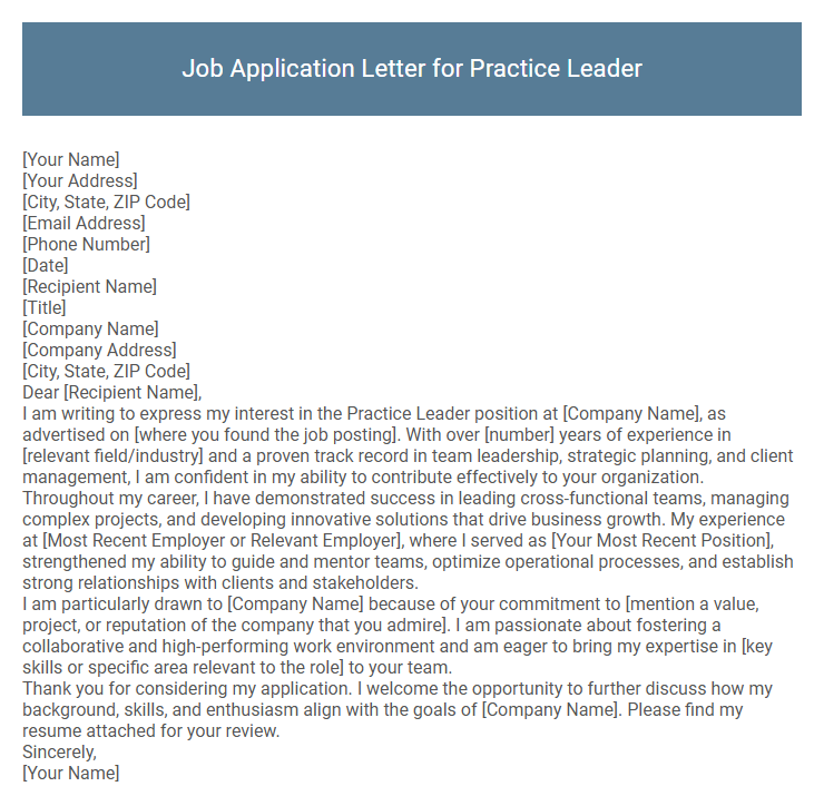Job Application Letter for Practice Leader