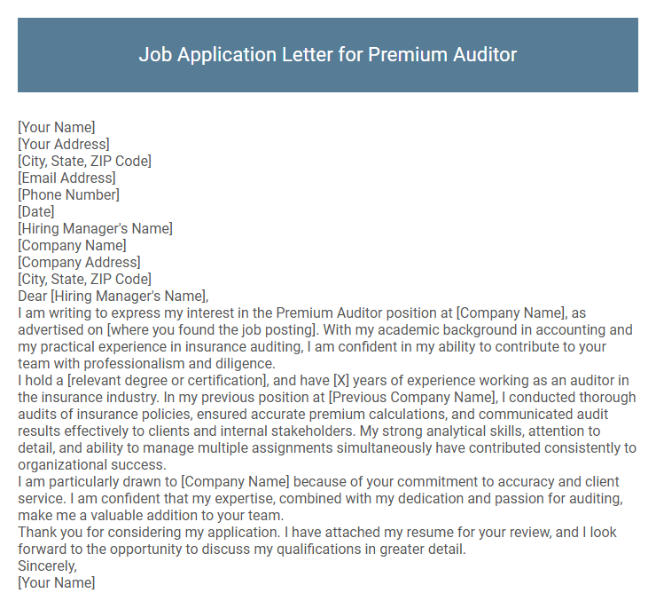 Job Application Letter for Premium Auditor