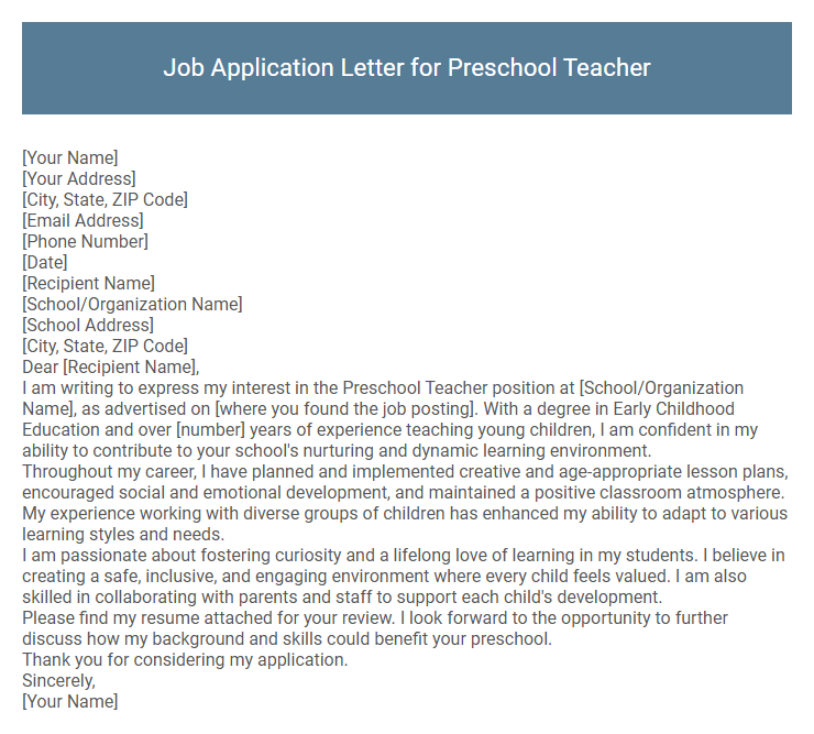 Job Application Letter for Preschool Teacher
