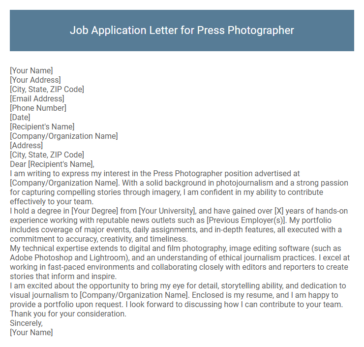 Job Application Letter for Press Photographer