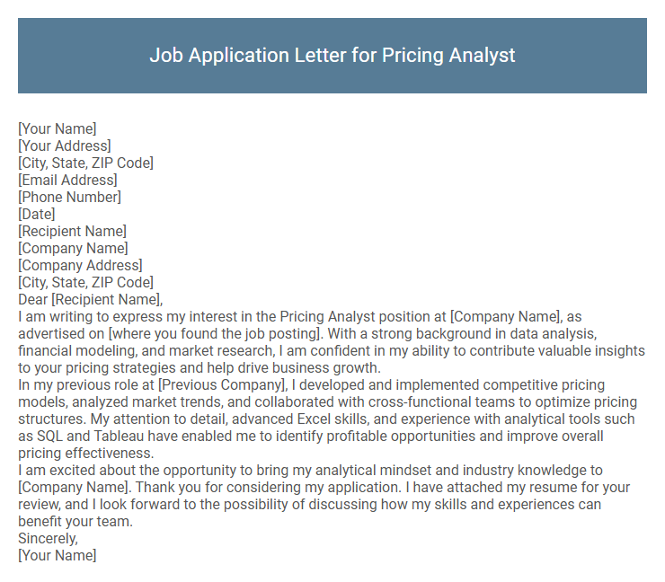 Job Application Letter for Pricing Analyst