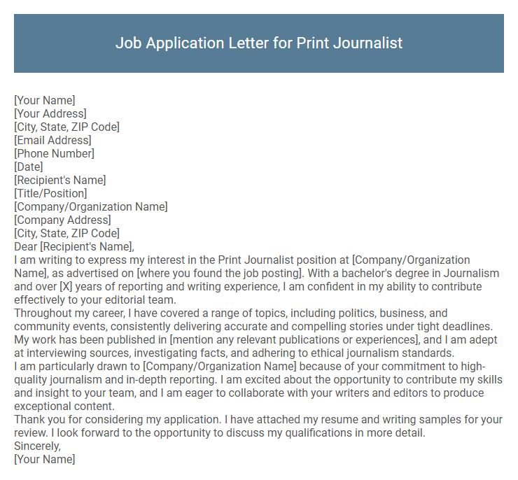 Job Application Letter for Print Journalist