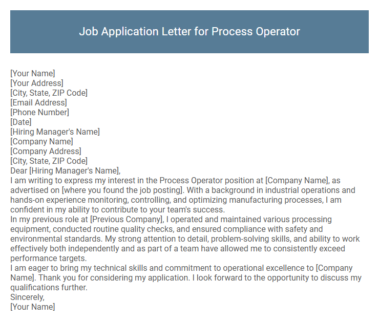 Job Application Letter for Process Operator