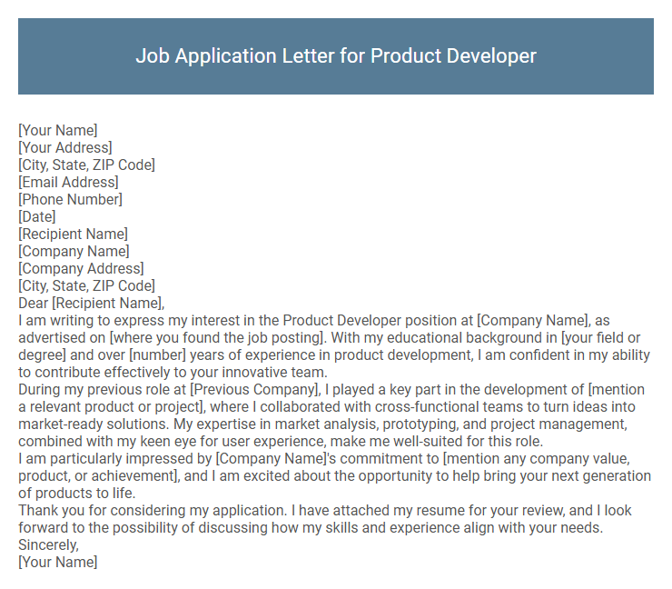 Job Application Letter for Product Developer