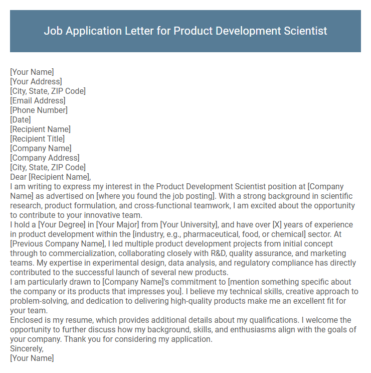 Job Application Letter for Product Development Scientist