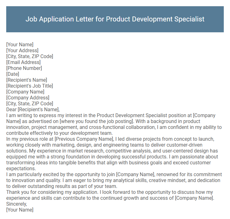 Job Application Letter for Product Development Specialist