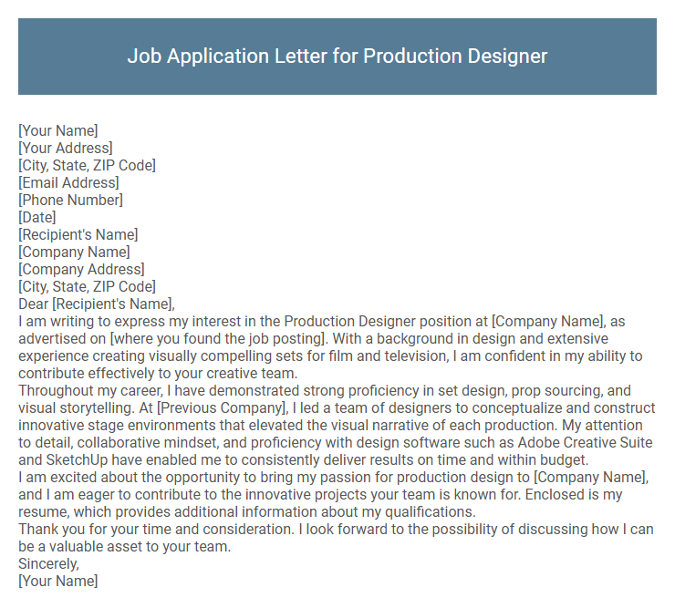 Job Application Letter for Production Designer