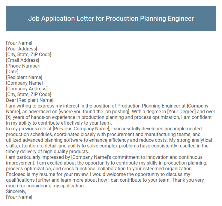 Job Application Letter for Production Planning Engineer