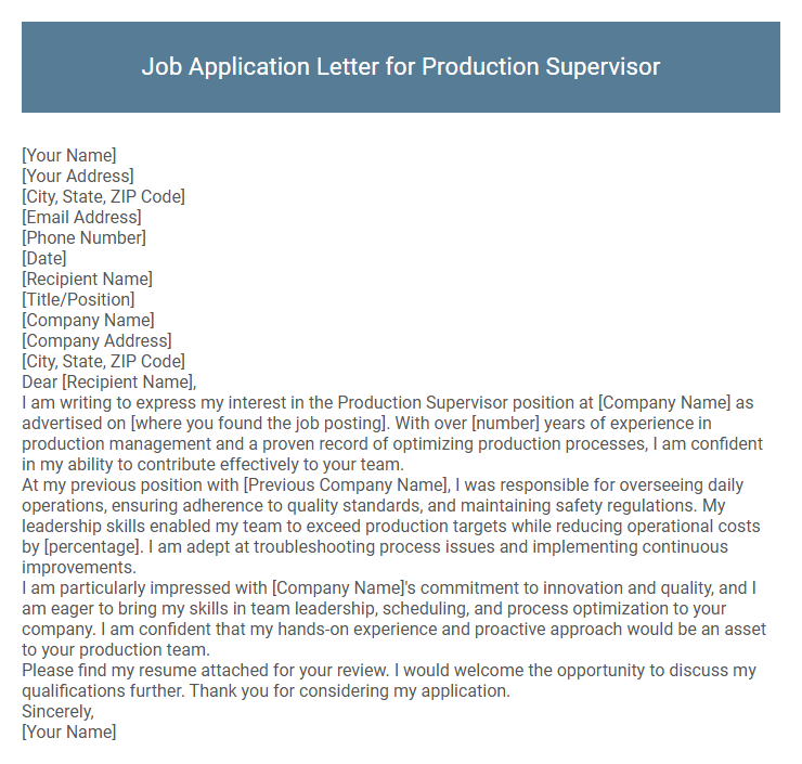 Job Application Letter for Production Supervisor