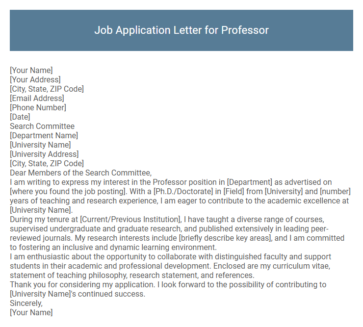 Job Application Letter for Professor