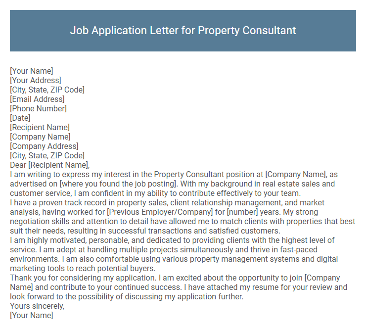 Job Application Letter for Property Consultant