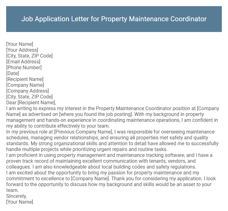 Job Application Letter for Property Maintenance Coordinator