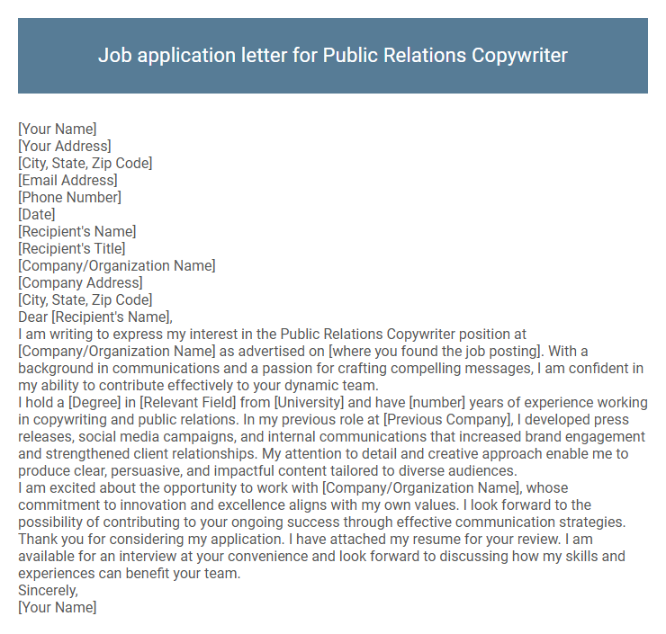 Job application letter for Public Relations Copywriter