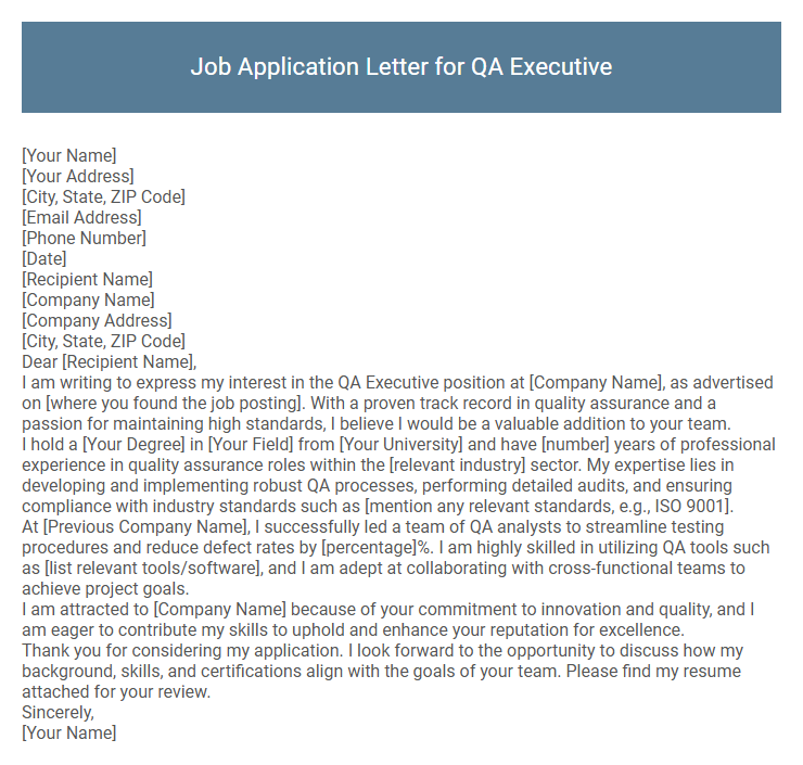 Job Application Letter for QA Executive
