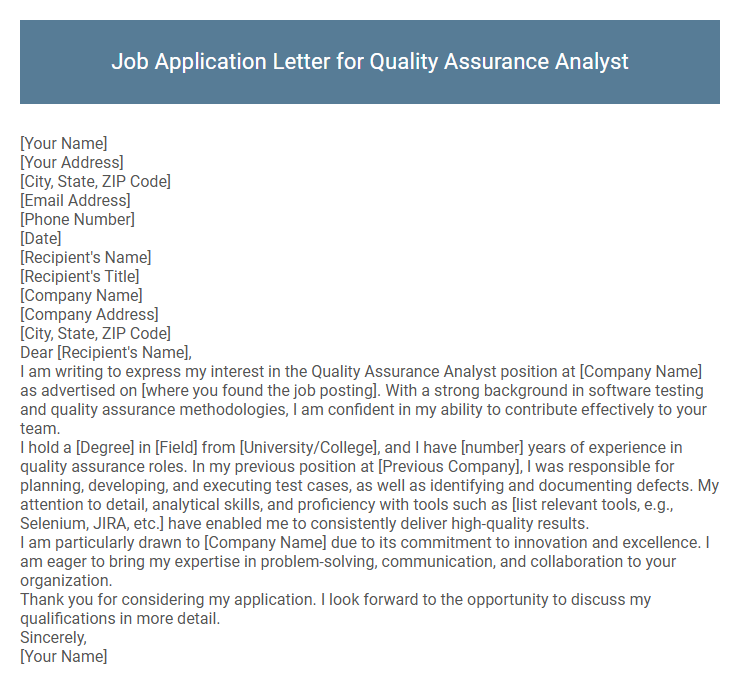 Job Application Letter for Quality Assurance Analyst