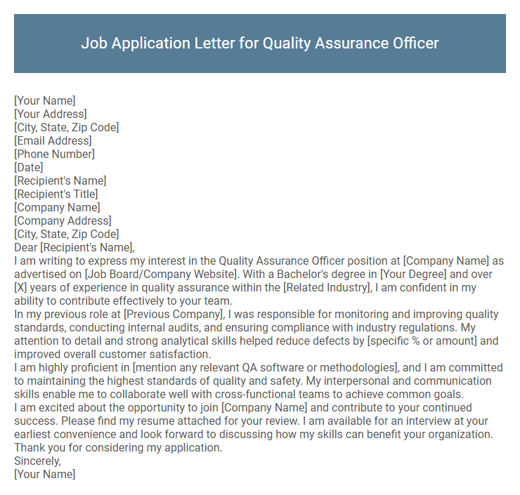 Job Application Letter for Quality Assurance Officer
