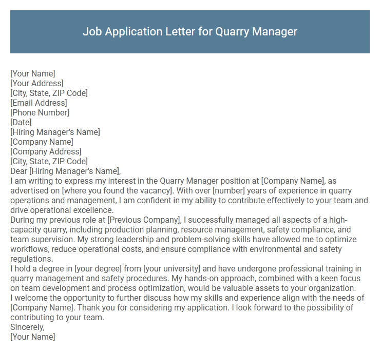 Job Application Letter for Quarry Manager