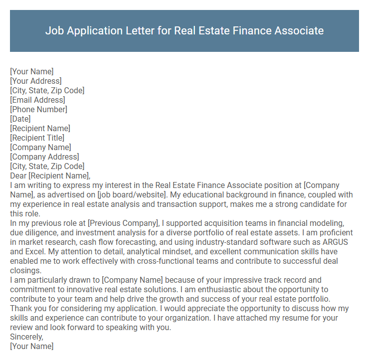 Job Application Letter for Real Estate Finance Associate