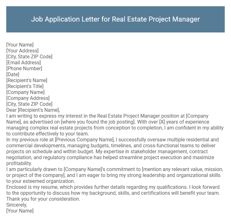 Job Application Letter for Real Estate Project Manager
