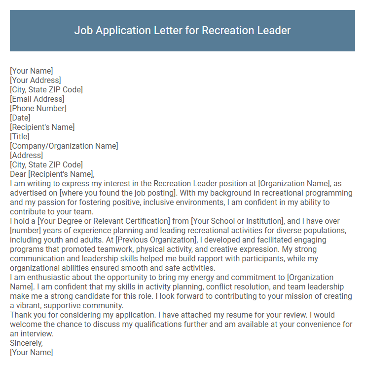 Job Application Letter for Recreation Leader