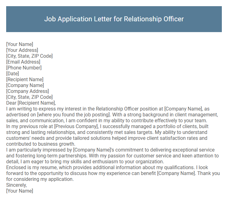 Job Application Letter for Relationship Officer