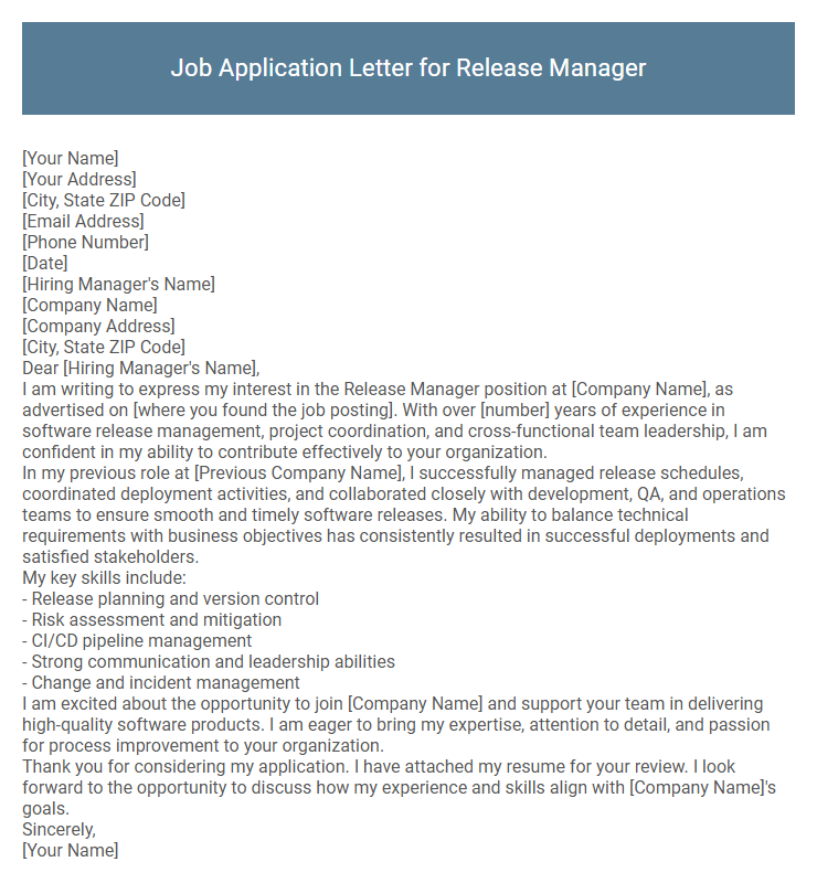 Job Application Letter for Release Manager