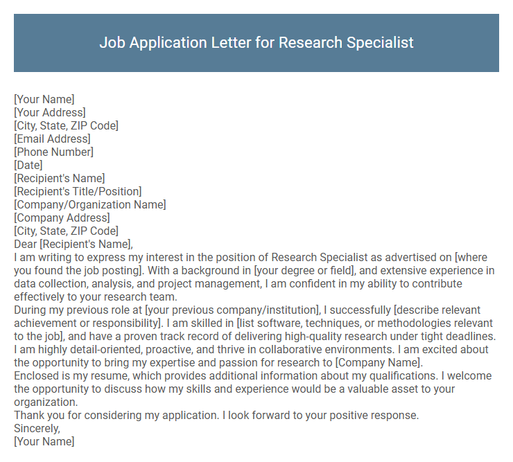 Job Application Letter for Research Specialist
