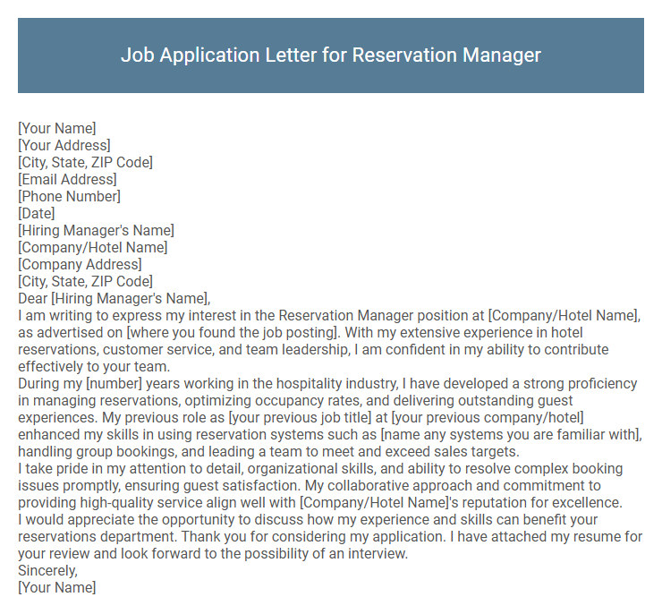 Job Application Letter for Reservation Manager