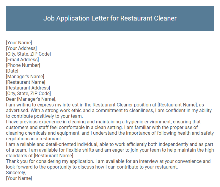 Job Application Letter for Restaurant Cleaner