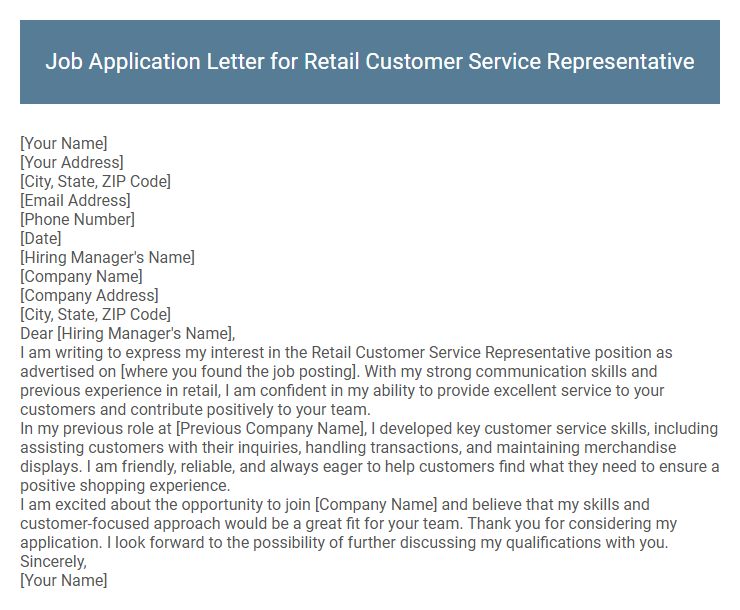 Job Application Letter for Retail Customer Service Representative