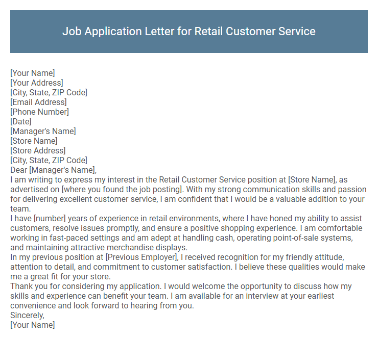 Job Application Letter for Retail Customer Service