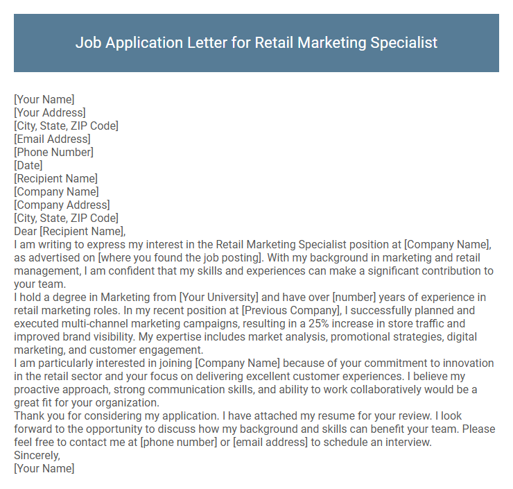 Job Application Letter for Retail Marketing Specialist