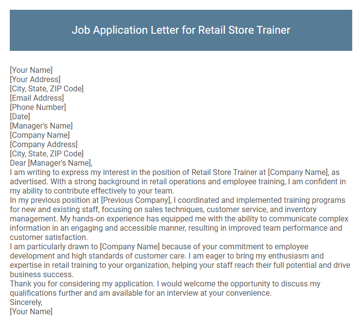 Job Application Letter for Retail Store Trainer