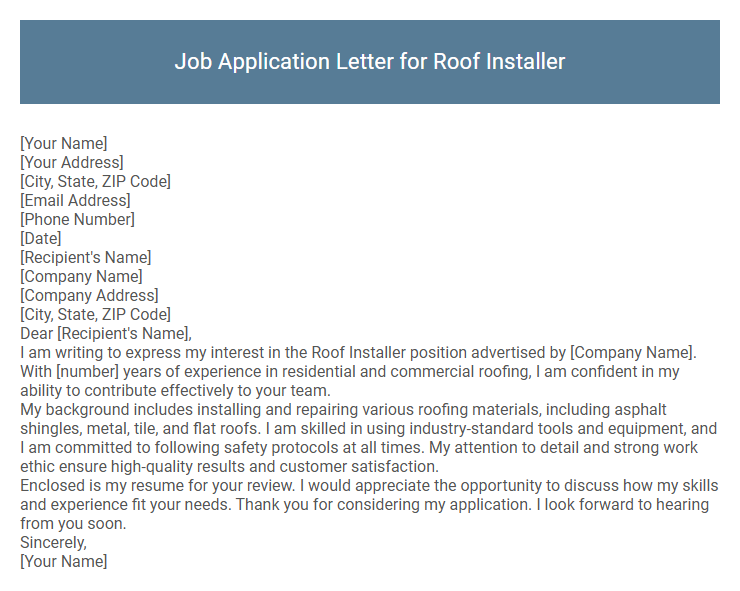Job Application Letter for Roof Installer