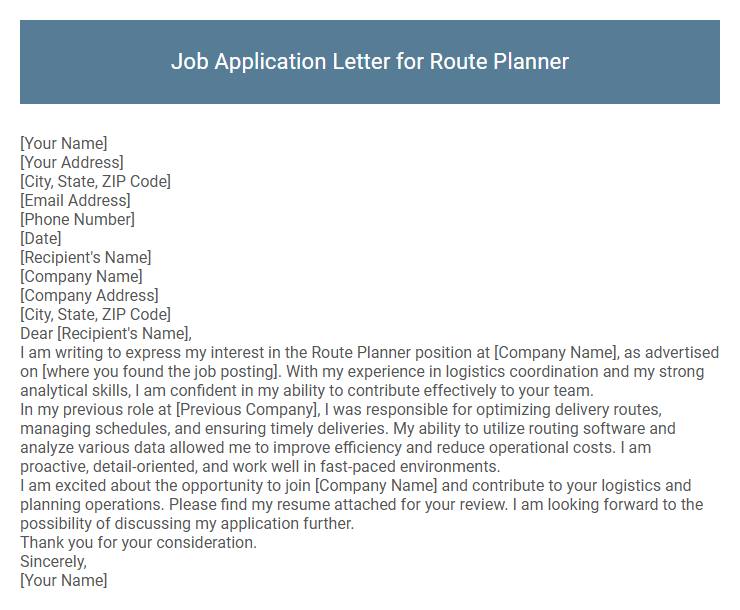 Job Application Letter for Route Planner