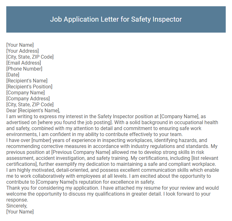 Job Application Letter for Safety Inspector