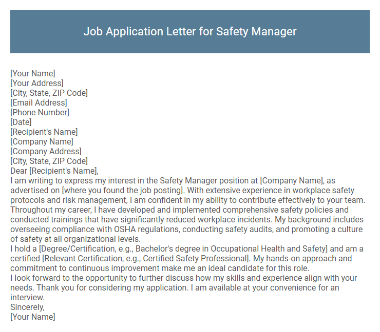 Job Application Letter for Safety Manager