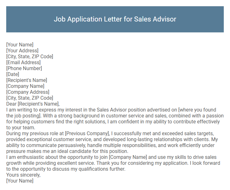 Job Application Letter for Sales Advisor