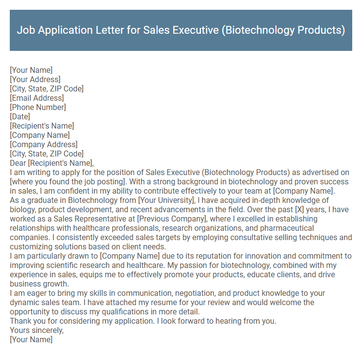 Job Application Letter for Sales Executive (Biotechnology Products)