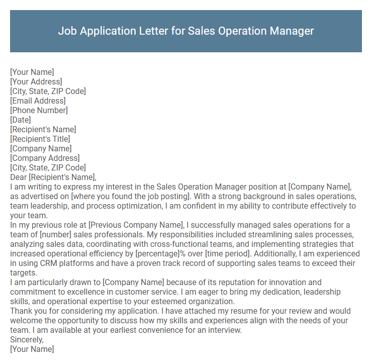 Job Application Letter for Sales Operation Manager