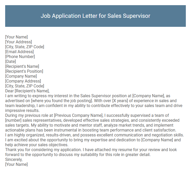Job Application Letter for Sales Supervisor