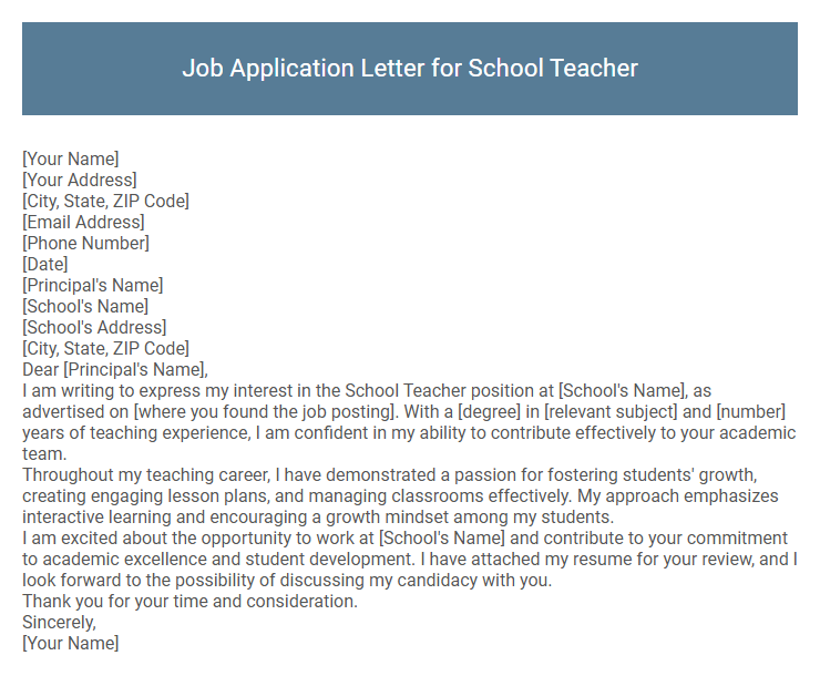 Job Application Letter for School Teacher