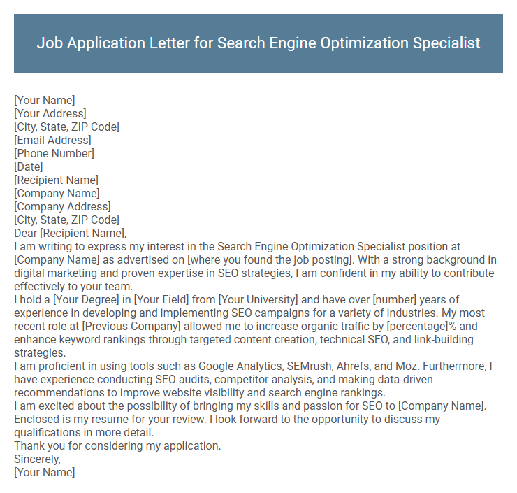 Job Application Letter for Search Engine Optimization Specialist
